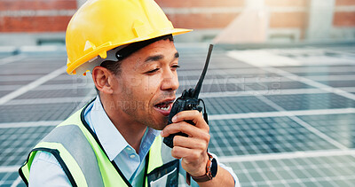 Buy stock photo Man, solar panel worker and radio on rooftop for PV installation, troubleshoot or inspection. Tech, photovoltaic technician and repair feedback on site for renewable energy or grid system maintenance