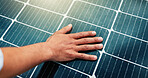 Solar panel, sustainability and hand for inspection or installation, renewable resource or eco friendly electricity. Alternative power, natural resources and photovoltaic grid with engineer or person