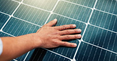 Buy stock photo Solar panel, sustainability and hand for inspection or installation, renewable resource or eco friendly electricity. Alternative power, natural source and photovoltaic grid with engineer or person
