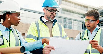 Buy stock photo Team, blueprint and discussion for urban development or architecture, maintenance or renovation. Construction site, contractor job collaboration and people on rooftop, building floor plan or strategy