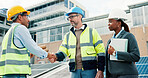 Solar panel, engineer or handshake with agreement outdoor for PV installation, system design or team. Photovoltaic partnership, people and shaking hands on rooftop for inspection compliance and deal