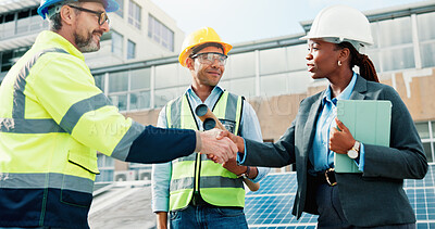 Buy stock photo Solar panel, people and handshake with tablet outdoor for PV design, installation or welcome. Photovoltaic team, technician and shaking hands with engineer on site for renewable energy and inspection