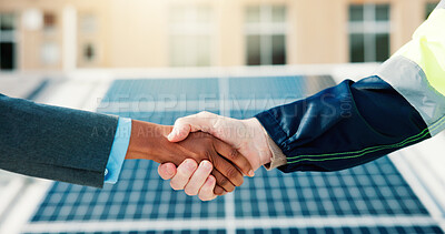 Buy stock photo Solar panel, sustainability and handshake for clean energy partnership, renewable resource or eco friendly power. People, shaking hands and photovoltaic for electricity with engineering team outdoor