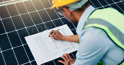 Buy stock photo Solar panel, sustainability and man with blueprint for clean energy, renewable resource installation or plan. Alternative power, grid layout or photovoltaic document with engineer writing strategy
