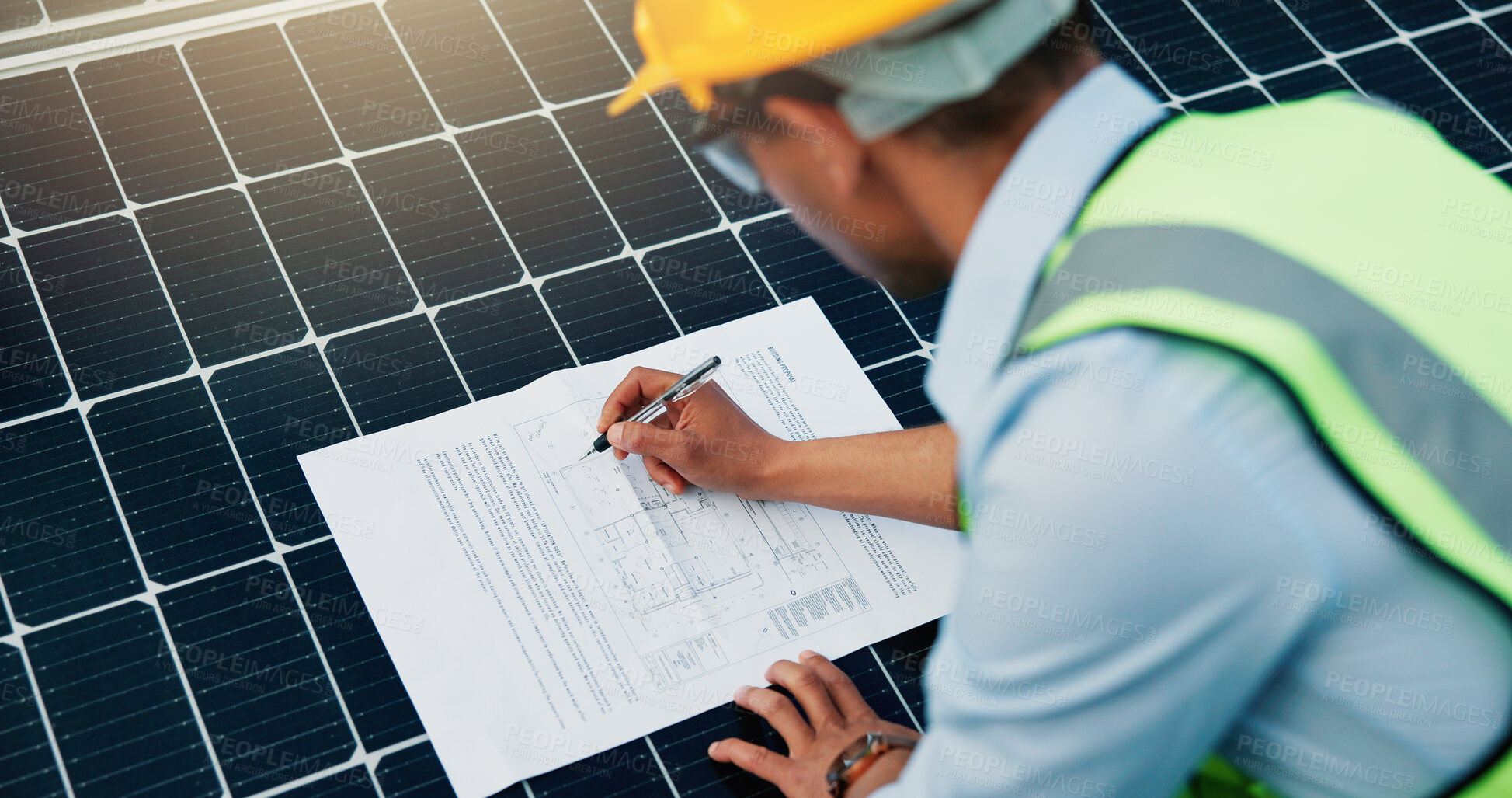 Buy stock photo Solar panel, sustainability and man with blueprint for clean energy, renewable resource installation or plan. Alternative power, grid layout or photovoltaic document with engineer writing strategy