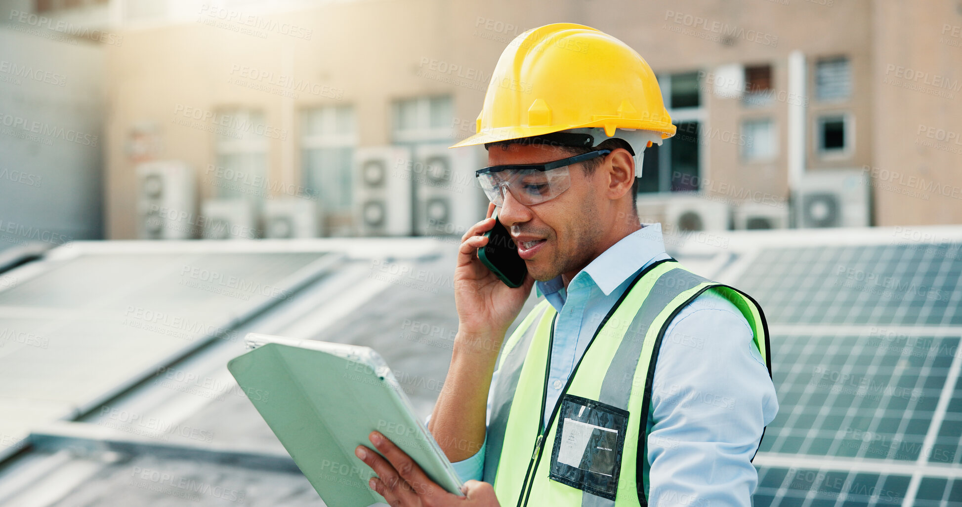 Buy stock photo Phone call, solar energy and tablet with construction worker man in city for installation of panels. App, building and communication with person outdoor photovoltaic or power source maintenance