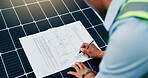 Solar panels, sustainability and person with blueprint for installation, renewable resources or planning. Alternative power, grid layout and photovoltaic paperwork with engineer writing for strategy
