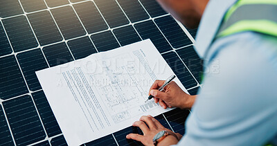 Buy stock photo Solar panels, sustainability and person with blueprint for installation, renewable resources or planning. Alternative power, grid layout and photovoltaic paperwork with engineer writing for strategy