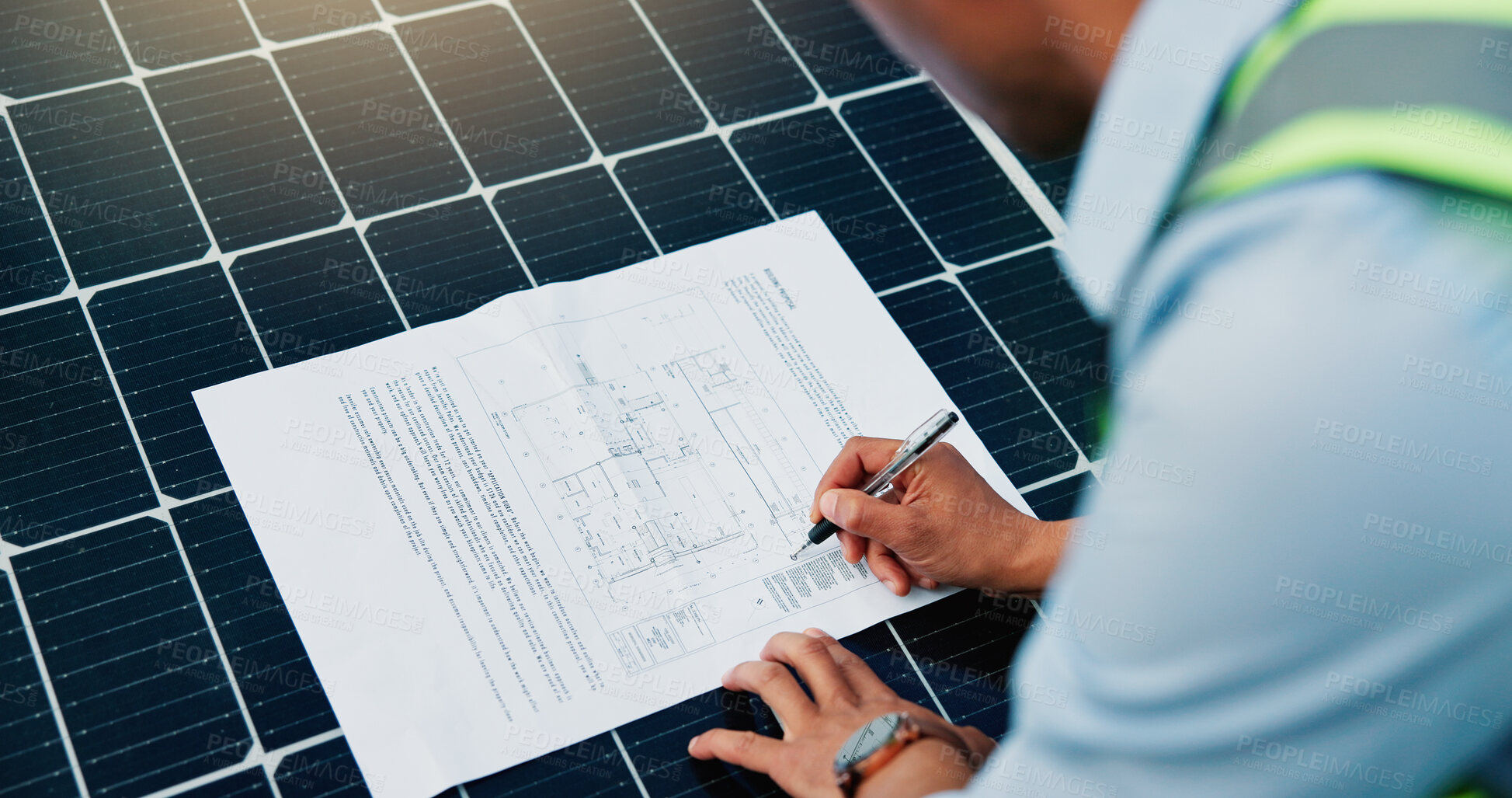 Buy stock photo Solar panels, sustainability and person with blueprint for installation, renewable resources or planning. Alternative power, grid layout and photovoltaic paperwork with engineer writing for strategy