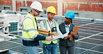 Team, blueprint and planning for urban development or architecture, maintenance or renovation. Construction site, engineering collaboration and people on rooftop, building floorplan or strategy