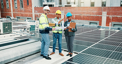 Buy stock photo Team, solar panel engineer or people planning maintenance, PV installation or clean energy in city. Group, photovoltaic technician or discussion on roof with blueprint for inspection, point or layout