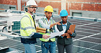 People, engineer or team with blueprint for solar power maintenance, development or project in city. Group, employees or technician with ideas for sustainable planning or renewable energy on rooftop