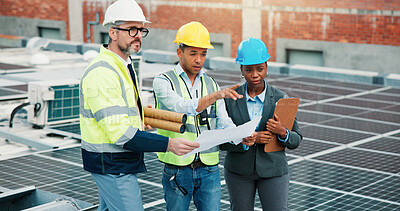 Buy stock photo People, engineer or team with blueprint for solar power maintenance, development or project in city. Group, employees or technician with ideas for sustainable planning or renewable energy on rooftop
