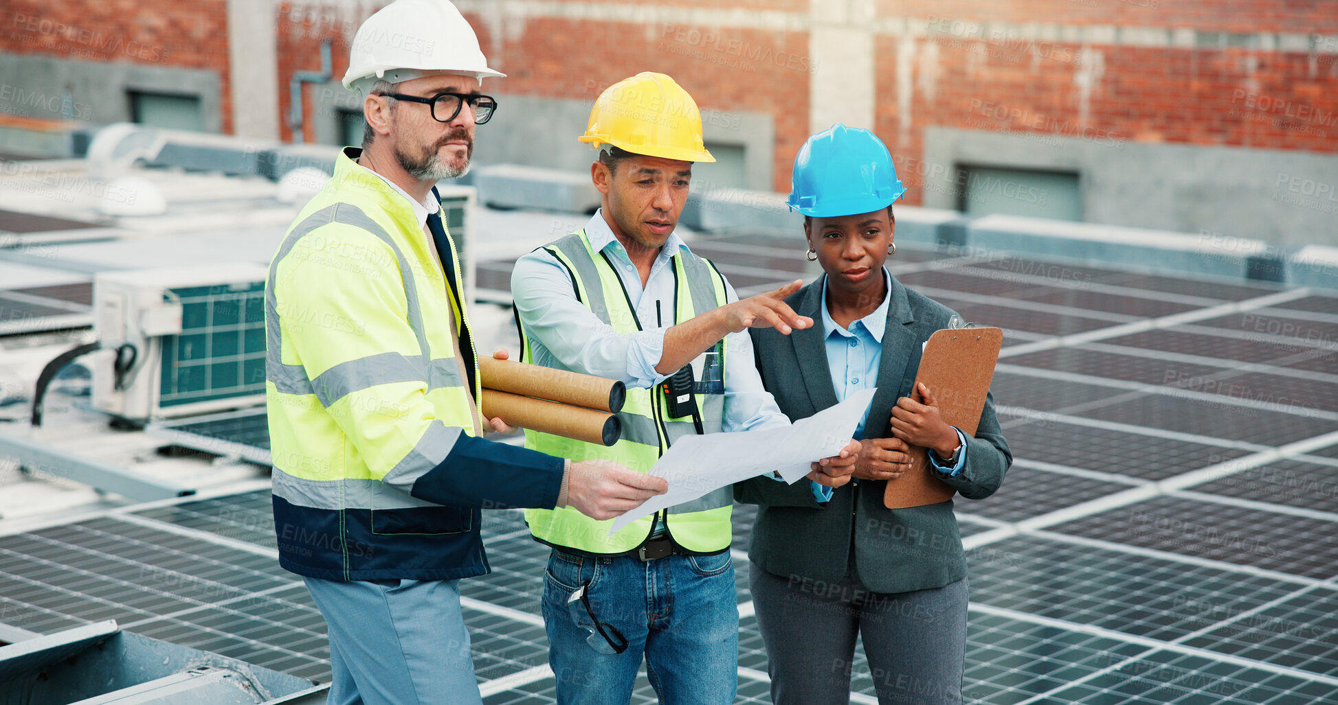 Buy stock photo People, engineer or team with blueprint for solar power maintenance, development or project in city. Group, employees or technician with ideas for sustainable planning or renewable energy on rooftop