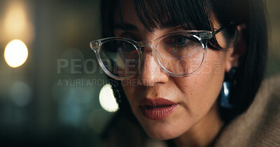 Buy stock photo Business, night and woman with glasses, online reading and stock market exchange. Evening, mature person or investor with economy report, bokeh and reflection with trading or research for inflation