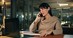 Woman, phone call and night at office with computer, discussion and overtime for story at media company. Person, journalist and talk with international contact for info, lead or article at agency