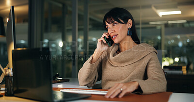 Buy stock photo Woman, phone call and night at office with computer, discussion and overtime for story at media company. Person, journalist and talk with international contact for info, lead or article at agency