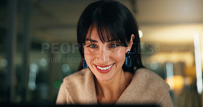 Buy stock photo Woman, journalist and happy at night in office with computer, notification and article at media company. Person, writer or editor with smile, feedback and good news for project at press agency