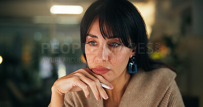 Buy stock photo Business, thinking and night with woman, reading and planning for online magazine. Evening, person and journalist in office, brainstorming and decision for submission, research for article and ideas