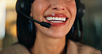 Mouth, headset and call center with mic at night, customer support and smile with advice at office. Person, consultant and closeup with voip, problem solving and contact us at help desk in workplace