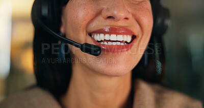 Buy stock photo Mouth, headset and call center with mic at night, customer support and smile with advice at office. Person, consultant and closeup with voip, problem solving and contact us at help desk in workplace