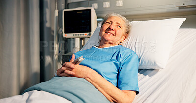 Buy stock photo Happy, woman and senior patient in hospital for recovery of surgery, diagnosis or treatment. Smile, rest and elderly female person in bed for medical consultation or appointment in ward at clinic.