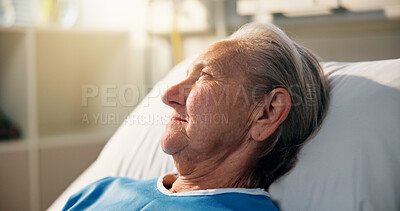 Buy stock photo Thinking, woman and senior patient in hospital for recovery of surgery, diagnosis or treatment. Retirement, relax and elderly female person in bed in ward at clinic with medical decision for healing.