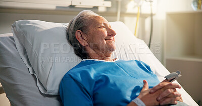 Buy stock photo Relax, woman and senior patient in hospital for recovery of surgery, diagnosis or treatment. Happy, rest and elderly female person in bed for medical consultation or appointment in ward at clinic.