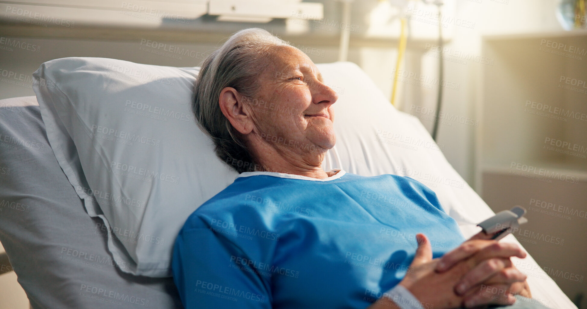 Buy stock photo Relax, woman and senior patient in hospital for recovery of surgery, diagnosis or treatment. Happy, rest and elderly female person in bed for medical consultation or appointment in ward at clinic.