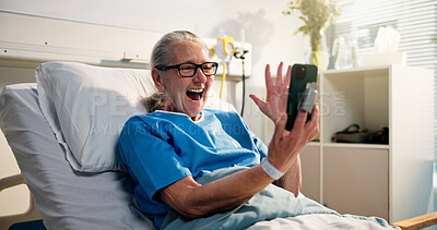 Buy stock photo Senior woman, phone and video call in hospital bed with wave, surprise or get well soon message. Person, smartphone and virtual contact on social media with rehabilitation, hello or chat at clinic