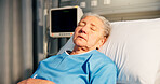 Sleeping, woman and senior patient in hospital for recovery of surgery, diagnosis or treatment. Sick, rest and elderly female person in bed for medical consultation or appointment in ward at clinic.