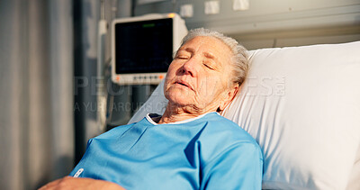 Buy stock photo Sleeping, woman and senior patient in hospital for recovery of surgery, diagnosis or treatment. Sick, rest and elderly female person in bed for medical consultation or appointment in ward at clinic.