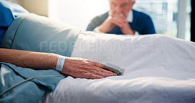 Buy stock photo Patient hand, husband and sick in hospital, coma and illness with machine to monitor oxygen saturation. Mature couple, disease and pulse oximeter for blood levels, surgery recovery and healthcare