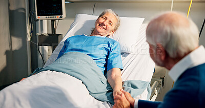 Buy stock photo Happy, visit and senior woman in hospital with husband for bonding, support or care in recovery. Medical appointment, marriage and elderly female patient in ward bed for consultation in clinic.