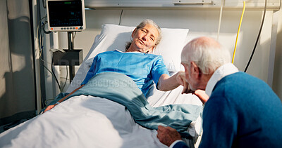 Buy stock photo Old couple, man and kiss hand in hospital bed with care, greeting and love with recovery in retirement. Senior woman, patient and partner with kindness, support and smile for rehabilitation at clinic