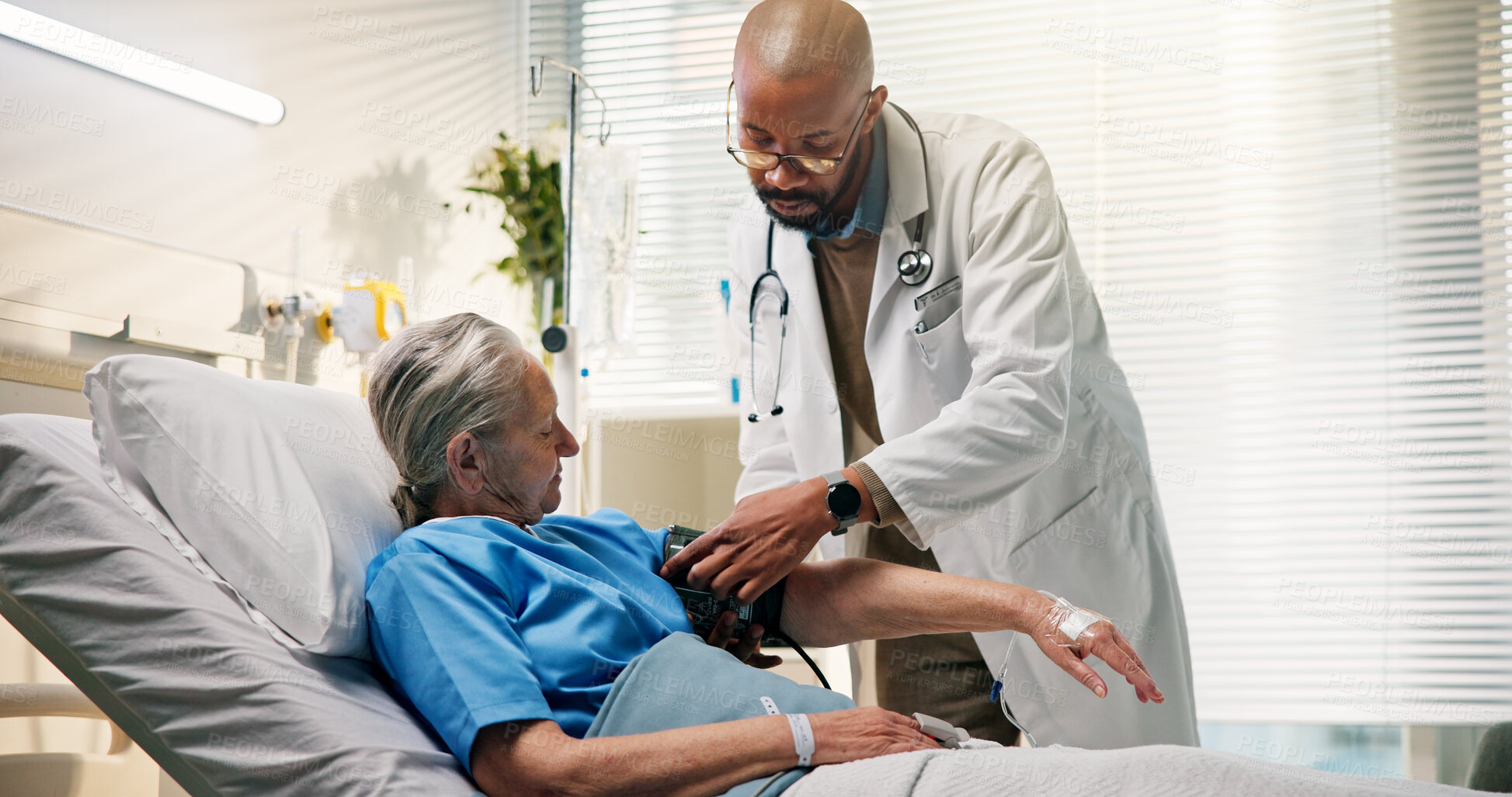 Buy stock photo Patient, old woman and doctor in hospital, blood pressure or checkup with wellness, consultation or advice. Medical service, senior person or health with machine for results, talking and hypertension