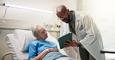 Buy stock photo Hospital, old woman and doctor with tablet, checkup and diagnosis with healthcare. Consultation, medical service or elderly person in clinic, physician or tech for results, appointment or examination