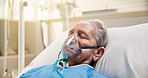 Oxygen mask, sick and senior woman in hospital bed, healthcare and surgery recovery. Pensioner, elderly patient and person in clinic, ventilation or breathing support with medical help, lungs or rest
