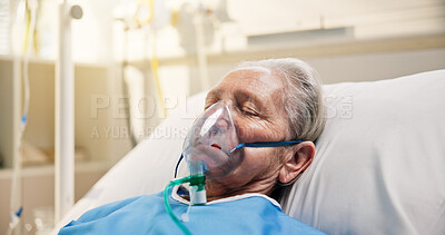 Buy stock photo Oxygen mask, sick and senior woman in hospital bed, healthcare and surgery recovery. Pensioner, elderly patient and person in clinic, ventilation or breathing support with medical help, lungs or rest
