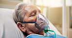 Oxygen mask, sick and old woman in hospital bed, healthcare and surgery recovery. Resting, senior patient and person in clinic, ventilation or breathing support with medical help, lungs and sleeping