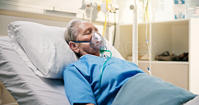 Buy stock photo Oxygen mask, illness and old woman in hospital bed, healthcare and breathing support. Pensioner, elderly patient and person in clinic, ventilation or surgery recovery with medical help, lungs or rest