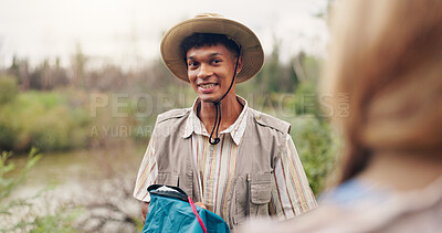 Buy stock photo Man, smile and woman camping in nature for travel, hiking adventure and holiday together. Happy, couple and setup tent at campsite for outdoor date, trekking shelter and bonding on vacation getaway