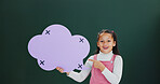 Portrait, pointing and girl with speech bubble, kid and announcement on green studio background. Happy child, poster and cloud space with card, promotion and smile with feedback, opportunity or offer