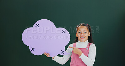 Buy stock photo Portrait, pointing and girl with speech bubble, kid and announcement on green studio background. Happy child, poster and cloud space with card, promotion and smile with feedback, opportunity or offer