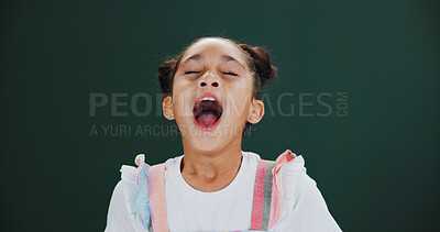 Buy stock photo Sneeze, kid and girl in studio, sick and illness with flu symptoms on green background. Mockup space, sinus issue or child with disease, virus or allergy with hay fever, pollen or sinusitis with dust