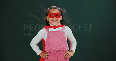 Buy stock photo Portrait, superhero and girl in studio, wind and Halloween costume on green background. Happiness, mask and child with fantasy, scifi and smile with character, games or cosplay with crime fighter