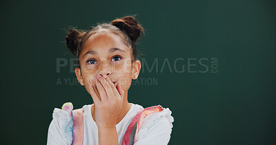 Buy stock photo Thinking, dreaming and child in studio with solution, choice or decision by mockup space with memory. Ideas, problem solving and girl kid with brainstorming or planning expression by green background