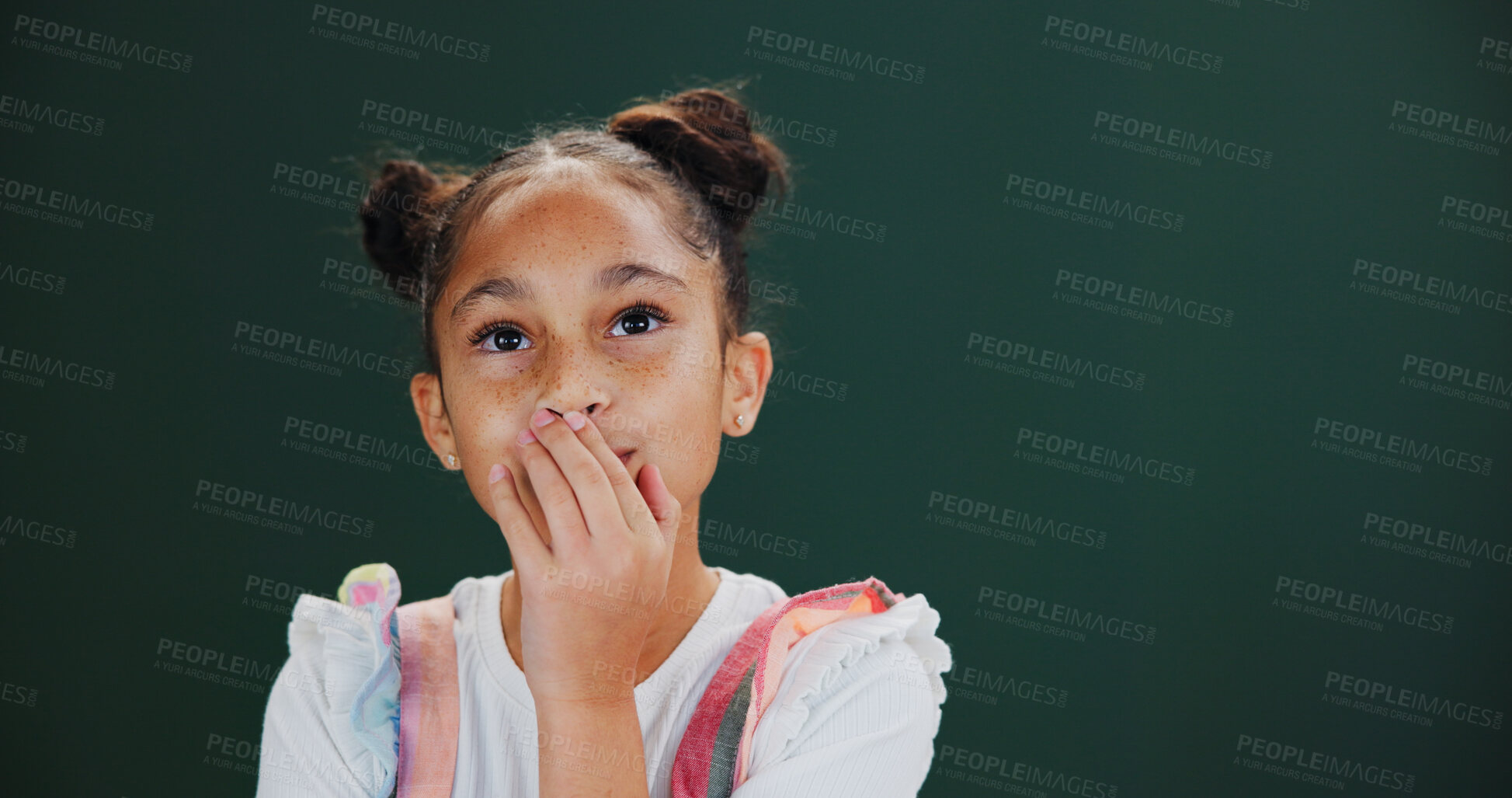 Buy stock photo Thinking, dreaming and child in studio with solution, choice or decision by mockup space with memory. Ideas, problem solving and girl kid with brainstorming or planning expression by green background