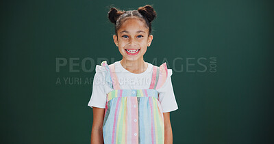 Buy stock photo Happiness, student and girl in studio with portrait, education and learning on green background. Excited, smile or young female child in academy with mockup, space or growth for fashion in childhood