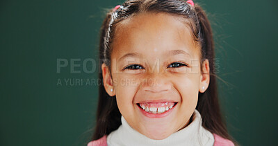 Buy stock photo Portrait, healthy teeth and child in studio with smile, dental hygiene and wellness on green background. Happiness, clean or mouth in childhood with young female, growth and development for oral care